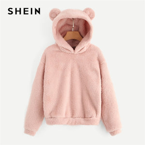 SHEIN Solid Teddy Hoodie With Ears