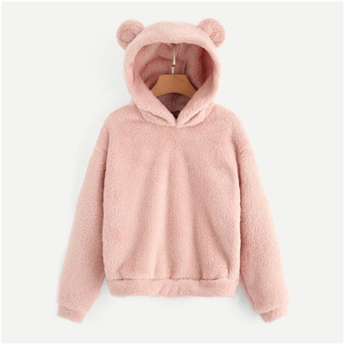 SHEIN Preppy Lovely With Bears Ears Solid Teddy Hoodie Pullovers